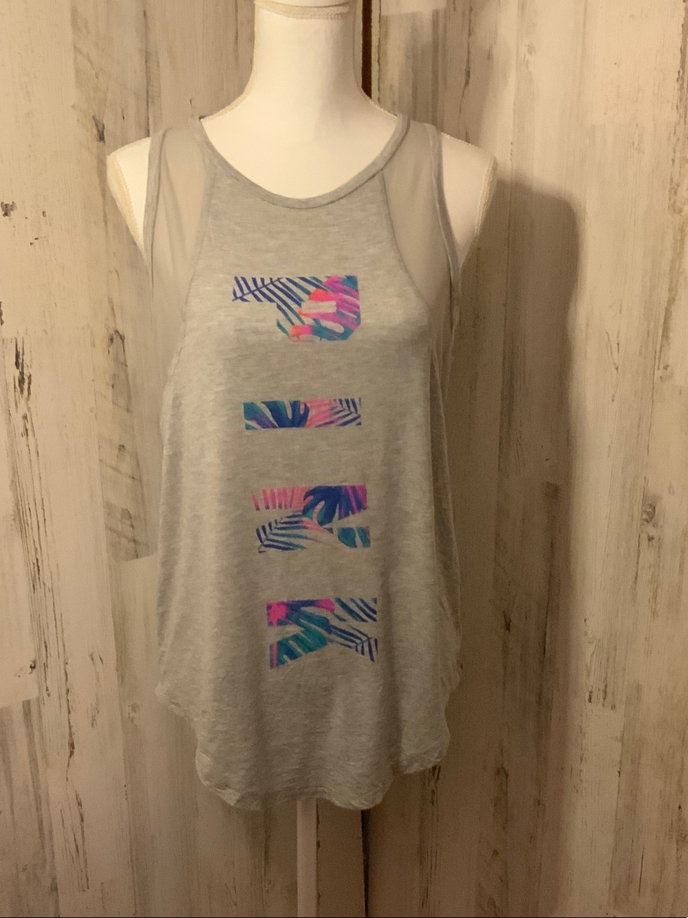 PINK Victoria's Secret Grey Tank with Tropical Logo Stripes